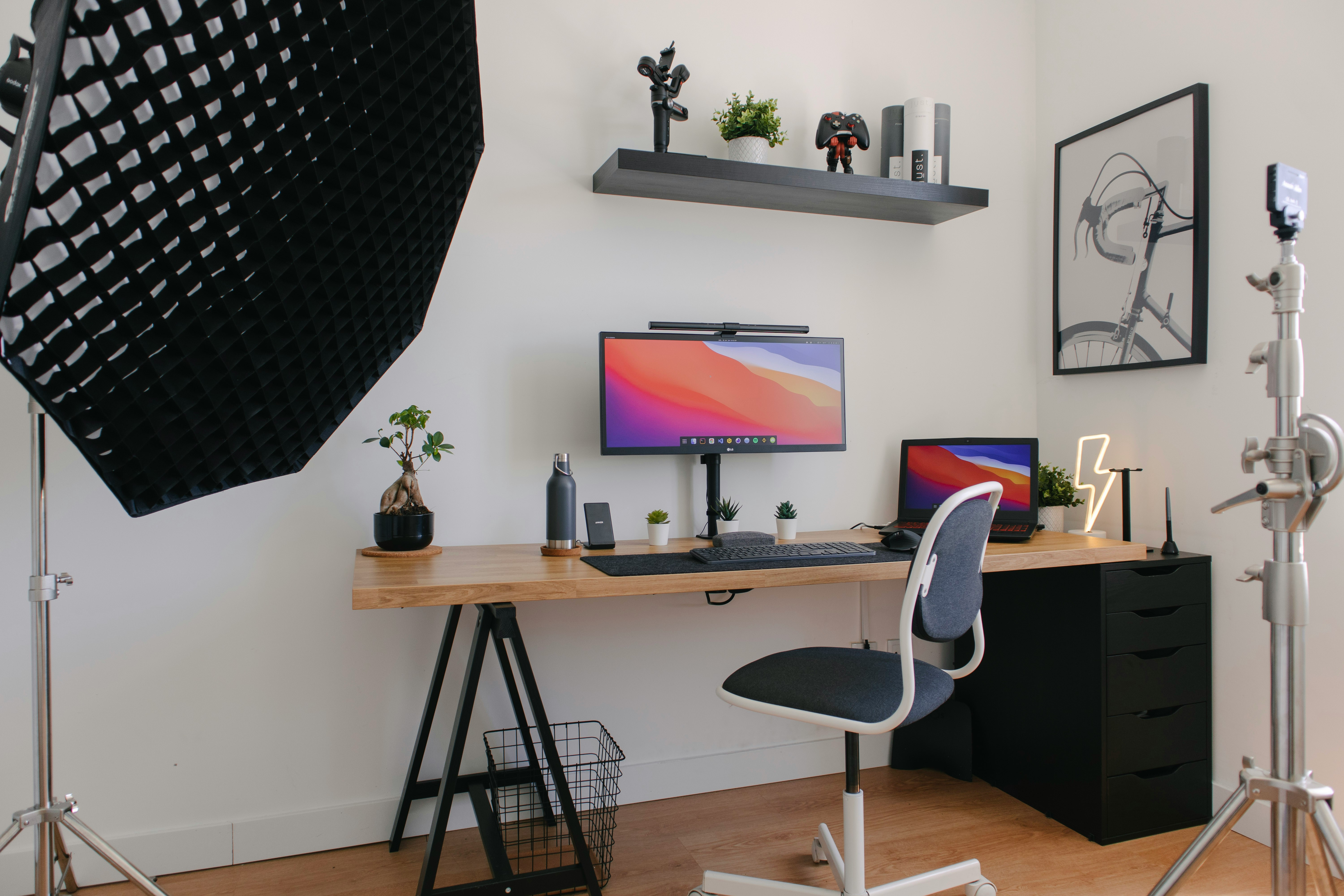The Telihano studio room with a lit set and a camera on a tripod